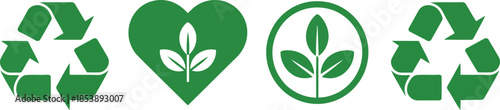 Green recycling symbols and nature heart with leaves representing ecological sustainability and environmental care