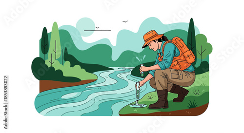 Environmental assessment: Scientist analyzing water samples in natural outdoor setting along