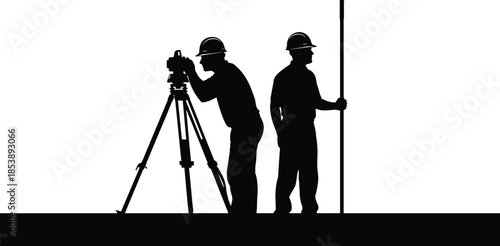 Black silhouette of land surveyors using total station and prism pole on construction site, professional civil engineering team, isolated vector.