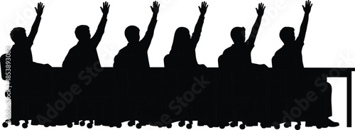 Black silhouette of students sitting at desks and raising their hands, classroom education group participating in a lesson, isolated vector.