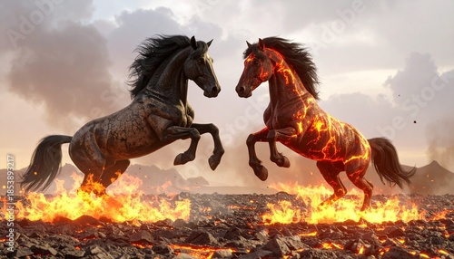 Dramatic Confrontation of Elemental Horses Amidst Fiery Chaos A Powerful Mythical Scene of Primal Energy and Unleashed Forces
