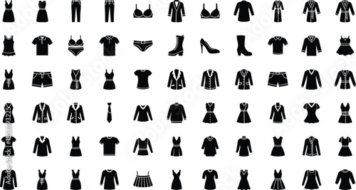 Black silhouette set of fashion clothing icons including dresses, shirts, pants, underwear, and shoes, isolated on white background, vector design.