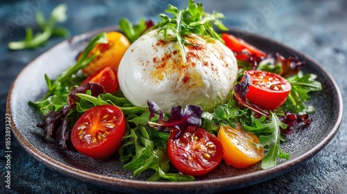 A dish is presented with fresh mixed greens, cherry tomatoes, and a large ball of burrata cheese, all arranged on a dark plate with herbs on top