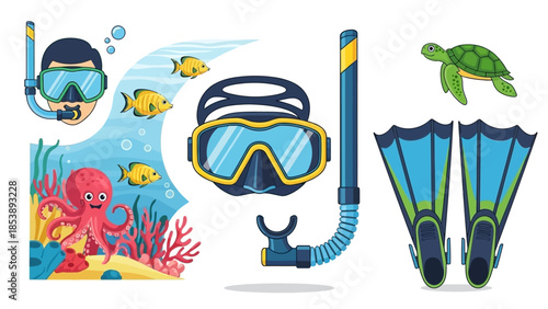 Snorkeling gear and marine life for ocean adventure activities