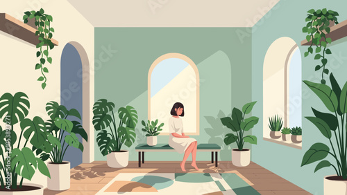 Woman sitting peacefully surrounded by lush green houseplants 1.