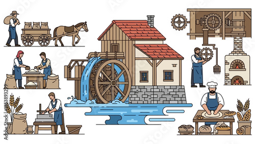 Vintage mill scene with workers processing grain into bread