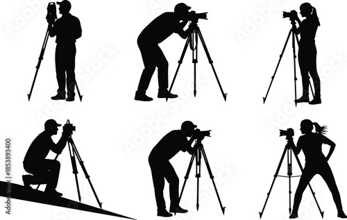 Black silhouette set of professional photographers and videographers using cameras on tripods, creative media production team isolated on white background.