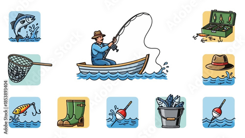 Man fishing in boat with tackle and gear