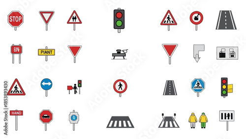 Collection of road signs and traffic symbols for navigation and safety