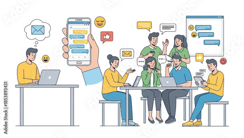 People communicating and collaborating digitally with laptops and smartphones