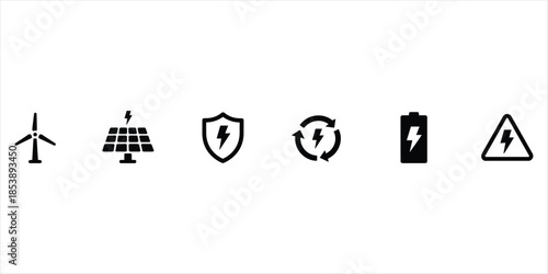 Renewable energy icons wind solar shield battery recycling warning sign Keywords: renewable energy, icons, wind turbine, solar