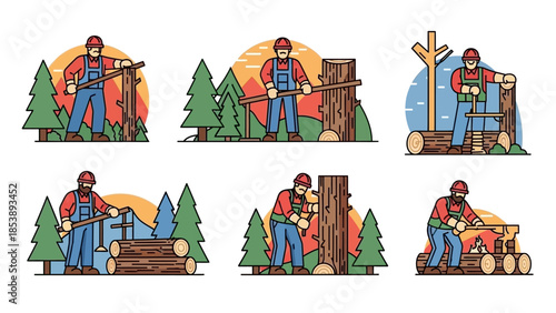 Lumberjack at work in forest with trees and logs