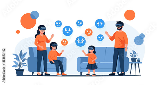 Family explores immersive reality together engaging in shared virtual world activity