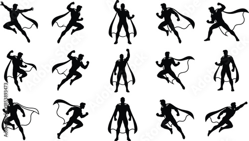 Black superhero silhouettes collection with capes in various action poses, flying, running and standing isolated on white background vector icons.