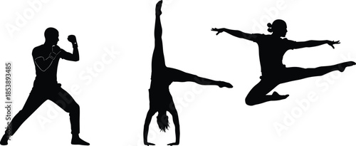 Black silhouettes of people performing martial arts, handstands, and dynamic acrobatic jumps, isolated on a white background for sports design,