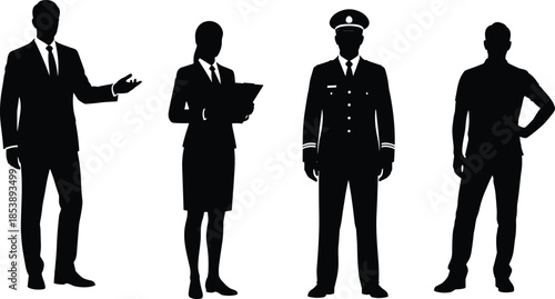 Black vector silhouettes of businessman presenting, businesswoman holding clipboard, uniformed pilot, and casual man standing, isolated on white background.