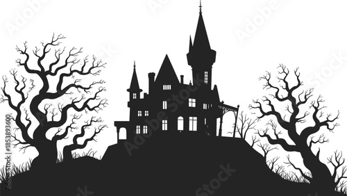 Silhouette of a spooky haunted mansion with bare trees on a hill house
