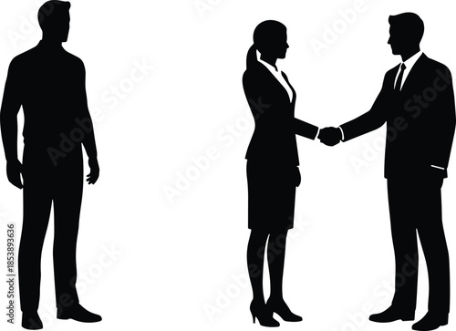 Business People Silhouettes, Man and Woman Shaking Hands for Agreement, Male Person Standing Isolated on White Background for Corporate Deal