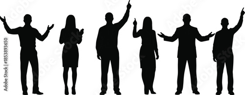 Business, presentation, silhouette, leadership, corporate, speaking, gesturing, pointing, executive, professional, team, meeting, success, communication, isolated.