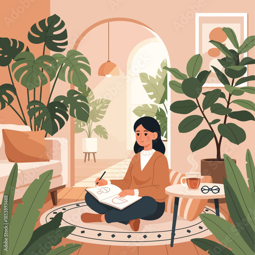 Young woman drawing in a sketchbook surrounded by lush indoor plants.