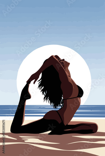 Create a realistic Cut out backlit woman in a bikini sitting on the beach in a yoga pose vector art with white background.