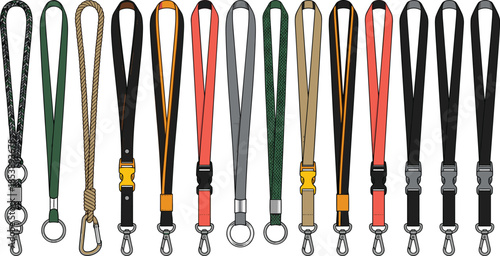 Colorful lanyard collection with neck straps, ID, badge holders, keychains and cords isolated on white background, vector design accessory set.