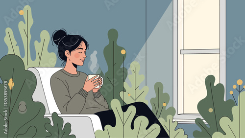 Young woman enjoying a peaceful moment with a warm drink.