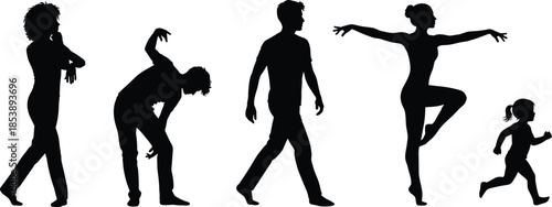Diverse collection of black human silhouettes showing various body movements, including walking, dancing, running, and expressive poses on white background,