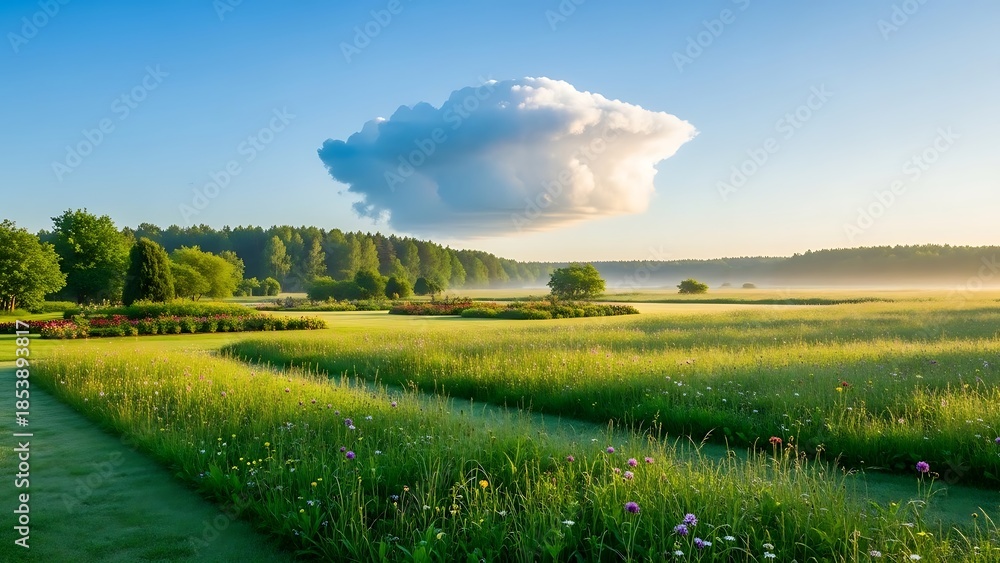 Fototapeta premium 緑豊かな草地の上空に浮かぶ白い雲の穏やかな風景