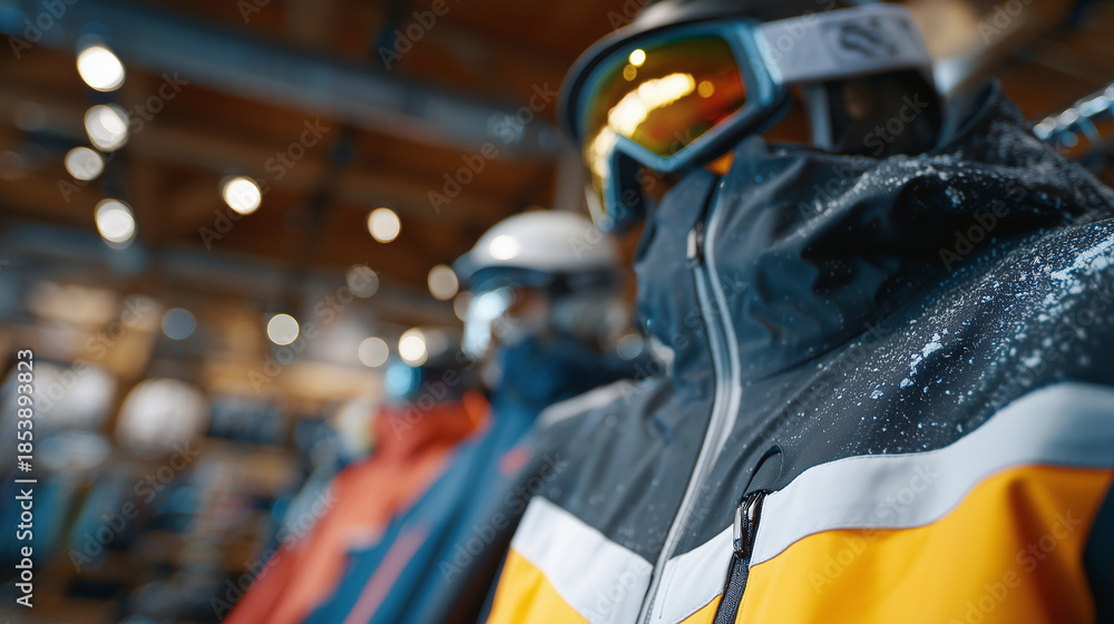 Obraz premium Macro-style close-up of hanging ski jackets with bright colors and textures visible, helmets and goggles in soft-focus background, indoor ski apparel shop scene