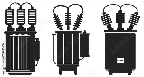 Three Black Silhouettes Of Electrical Transformers On A White Background electricity power