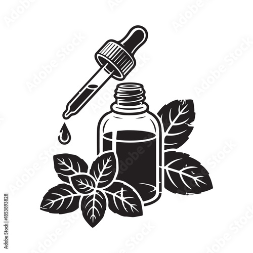 Essential oil dropper bottle with mint leaves a botanical wellness illustration