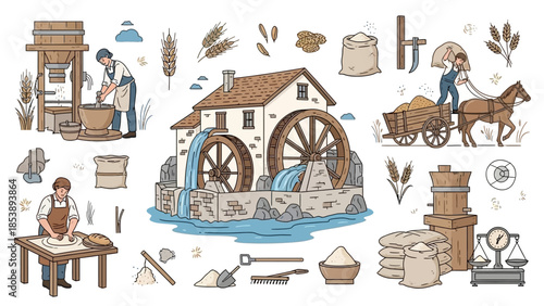 Traditional wheat mill scene with people working and horse cart