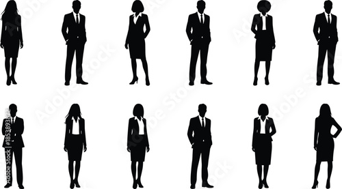 Diverse professional silhouettes collection featuring business people in suits, medical staff icons, workers with tools, and circular user profile avatars