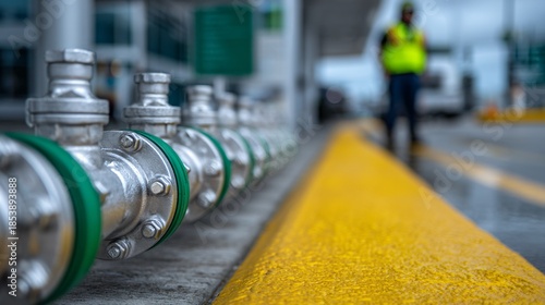 Sustainable aviation fuel airport hydrant system. a maintenance worker inspecting generic underground refueling valves with green safety markings.