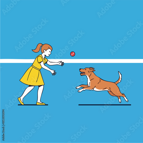 A girl throws a ball to her dog in a playful scene.