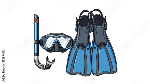 Scuba diving gear including mask, snorkel, and flippers on white
