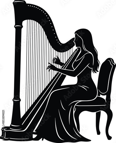 Elegant black silhouette of a woman playing a large classical harp, seated on a chair, isolated on a white background,