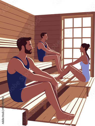 Create a realistic Three people in bathing suits sitting in a sauna in a spa and relaxing vector art with white background.