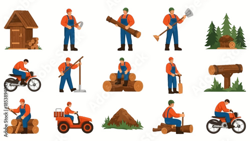 Lumberjack working with logs and tools in forest and yard settings