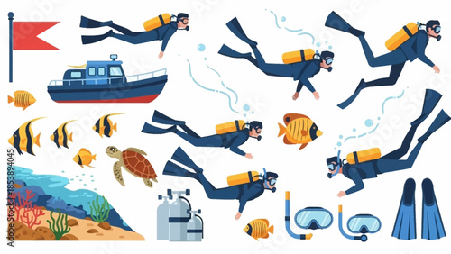 Scuba divers exploring vibrant coral reef with colorful fish