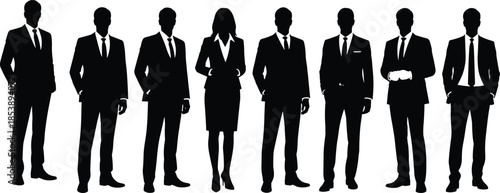 Large Corporate Business Team Silhouettes, Professional Men and Woman in Suits Standing Isolated on White Background for Leadership Concepts