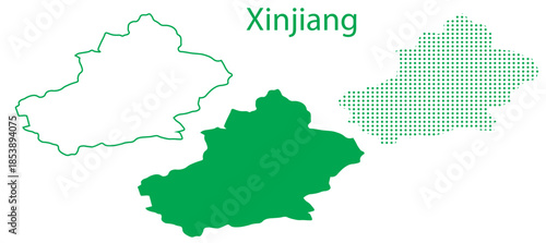 Xinjiang Map Vector Set, China Autonomous Region Outline Silhouette Dotted Green Shapes, Xinjiang Country Infographic Template, Editable EPS Xinjiang Geography