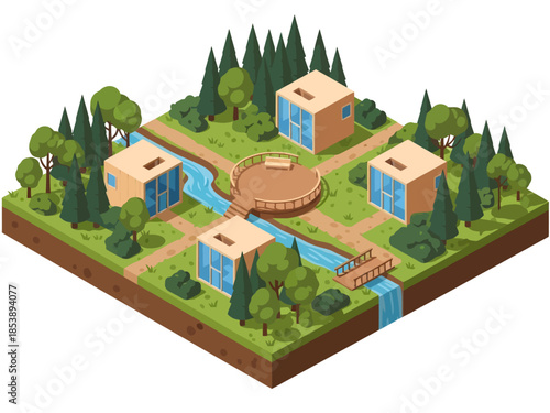 Four modern cabins encircle a central deck in this isometric forest scene, where a gentle river cuts through the terrain, flowing under a bridge before cascading down a small waterfall