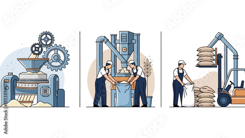 Industrial workers processing and packaging goods efficiently