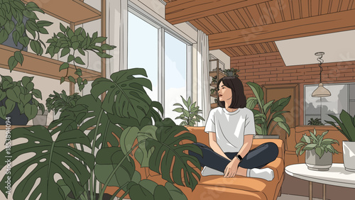 Young woman relaxing on a couch surrounded by plants.
