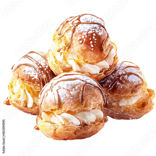 Watercolor-style vector illustration of Profiteroles, isolated on a clean white background.