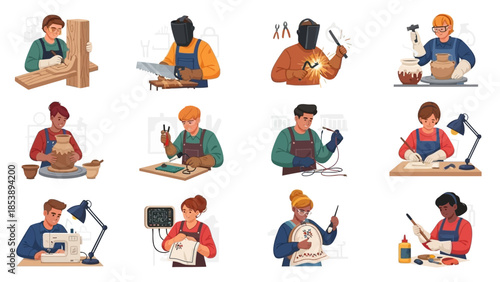 Various skilled people working on crafts and projects