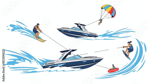 People enjoying water sports with boats and colorful parachute