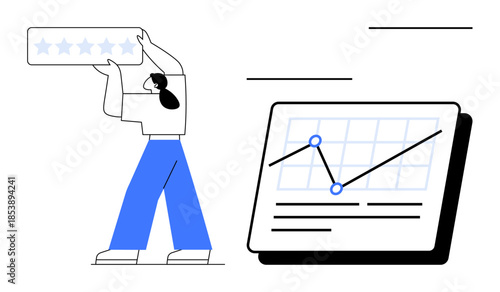 Individual holding a five-star review panel alongside a data chart with growth line. Ideal for feedback, analytics, performance evaluation, business growth, quality assessment, market research